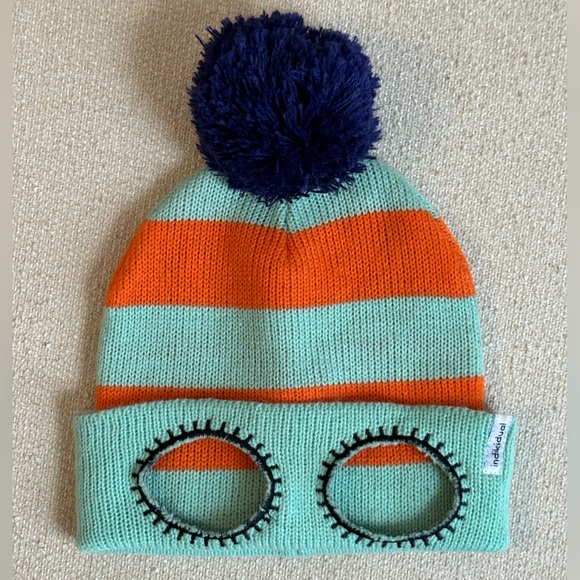 {Indikidual} Knitted stripe balaclava hat with funny eye holes and pom Pom - Picture 6 of 14